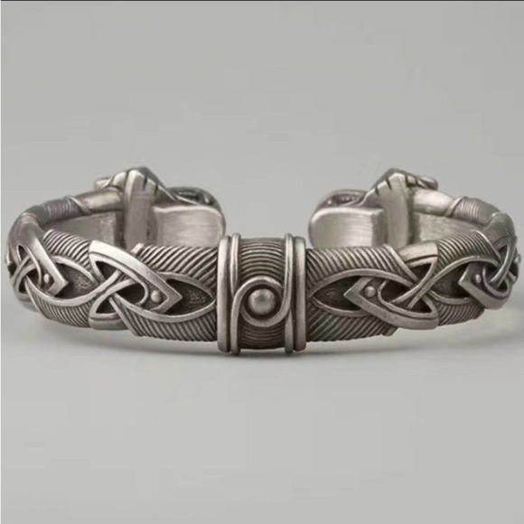 Silver Wolf Head Viking Norse Knotwork Cuff Bangle Bracelet - Picture 11 of 12